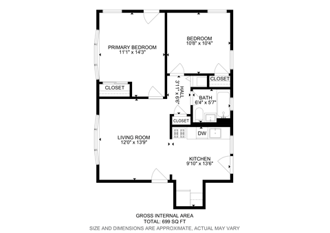 A floor plan of a house with a living room, two bedrooms, a bath, a kitchen, and a closet.